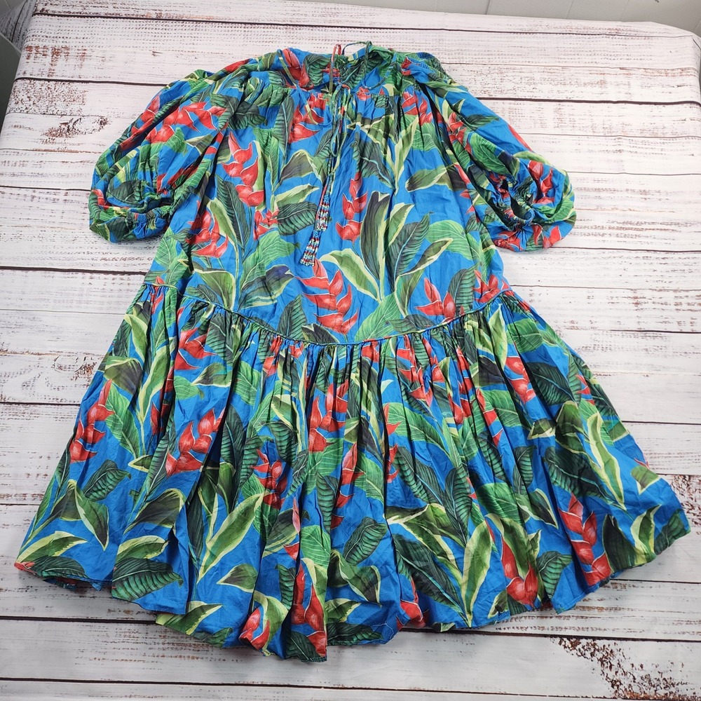 FARM Rio The Dream Garden Blue Puff Sleeve Women's XS Midi Dress